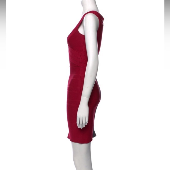 Herve Leger v neck cross cross detail red midi bandage dress w/ zipper & clasp - Picture 7 of 11